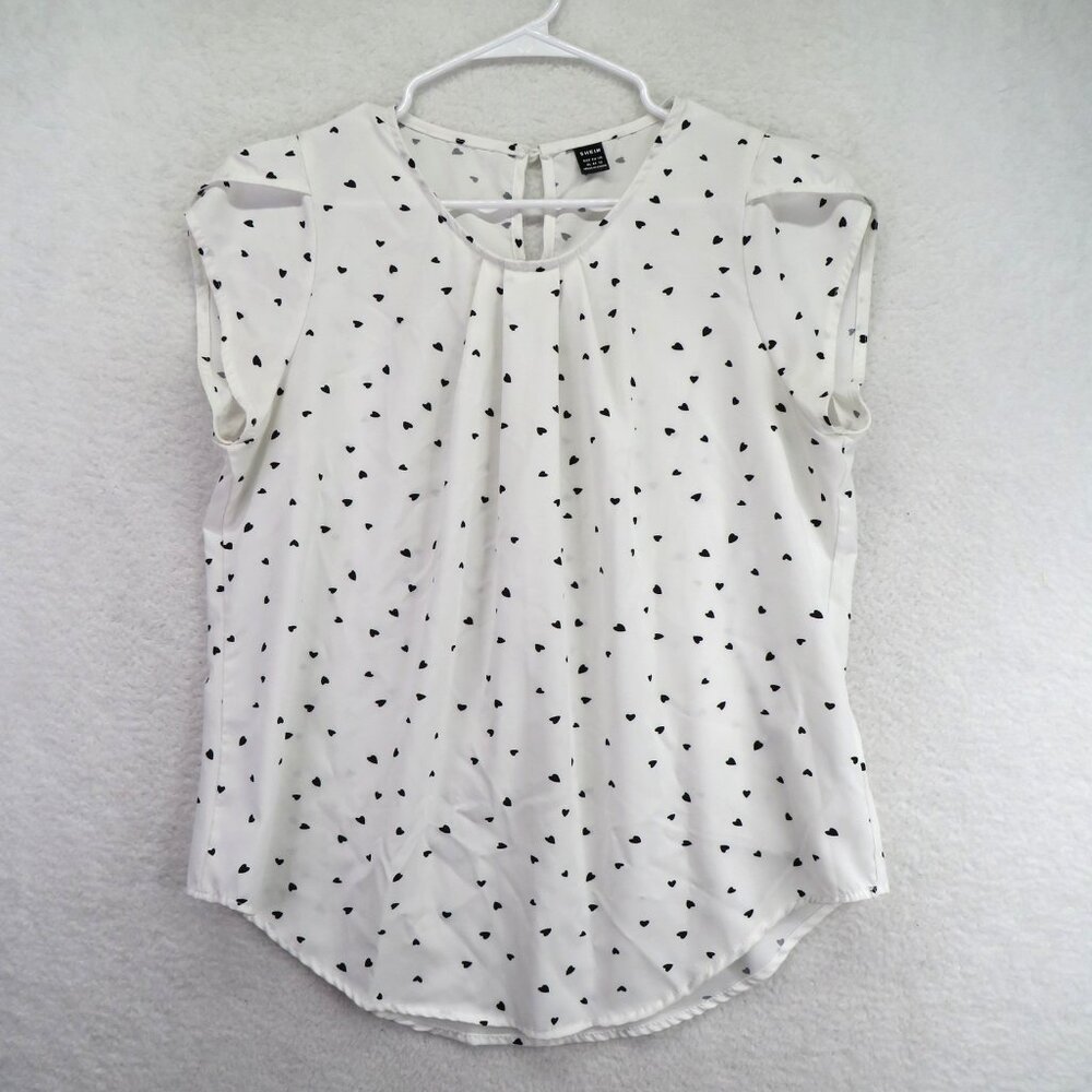 SHEIN Shirt Womens XL‎ White Black Heart Print Cap Sleeve Pleated Neck Blouse